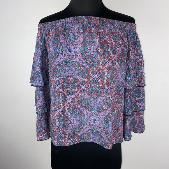 Ella Moss S Patterned Off The Shoulder Rayon Blouse Tiered Ruffle Bell Sleeves - Picture 1 of 12